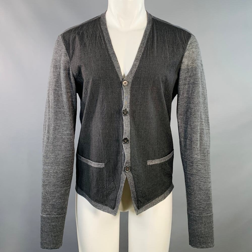 JOHN VARVATOS Size M Grey Slate Glenplaid Linen Two Pockets Cardigan